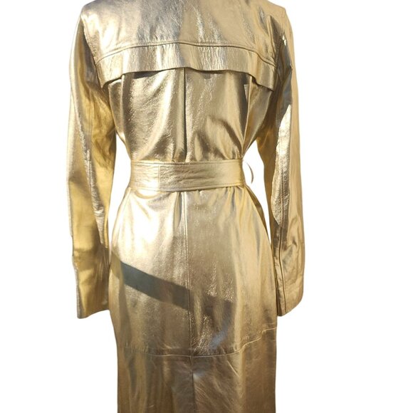 ⭐Luxury Designer Stylish Gold Real Genuine Leather Glamorous Jacket Coat Trench - Picture 13 of 16